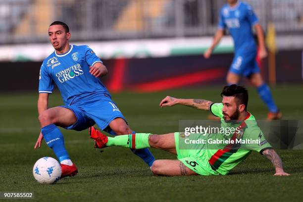 Ismael Bennacer of Empoli FC battles for the ball with Federico Angiulli of Ternana Calcio during the serie B match between Empoli FC and Ternana...