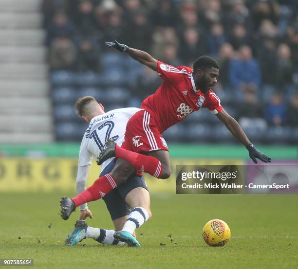 Preston North End's Paul Gallagher battles with Birmingham City's Jeremie Boga during the Sky Bet Championship match between Preston North End and...