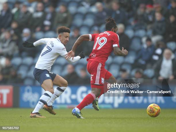 Preston North End's Callum Robinson in action with Birmingham City's Jacques Maghoma during the Sky Bet Championship match between Preston North End...