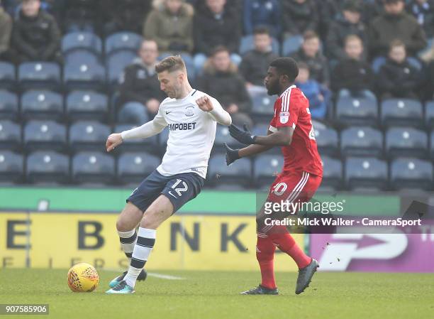 Preston North End's Paul Gallagher in action with Birmingham City's Jeremie Boga during the Sky Bet Championship match between Preston North End and...
