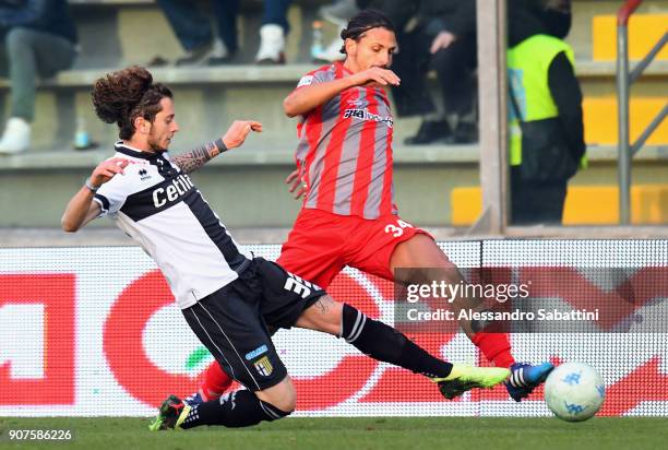 Jacopo Dezi of Parma Calcio competes for the ball whit Mariano Arini of US Cremonese during the serie B match between US Cremonese and Parma FC at...