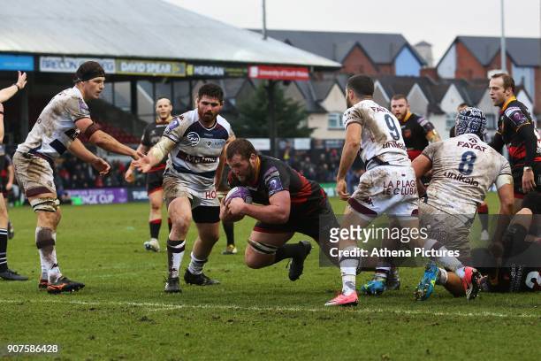 Robson Blake of Dragons dives for a disallowed try during the European Challenge Cup match between Dragons and Bordeaux Begles at Rodney Parade on...