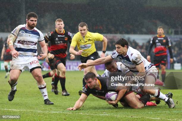 Elliot Dee of Dragons scores his sides first try of the match during the European Challenge Cup match between Dragons and Bordeaux Begles at Rodney...