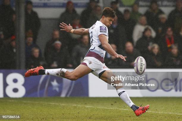 Ben Volavola of Bordeaux Begles during the European Challenge Cup match between Dragons and Bordeaux Begles at Rodney Parade on January 20, 2018 in...