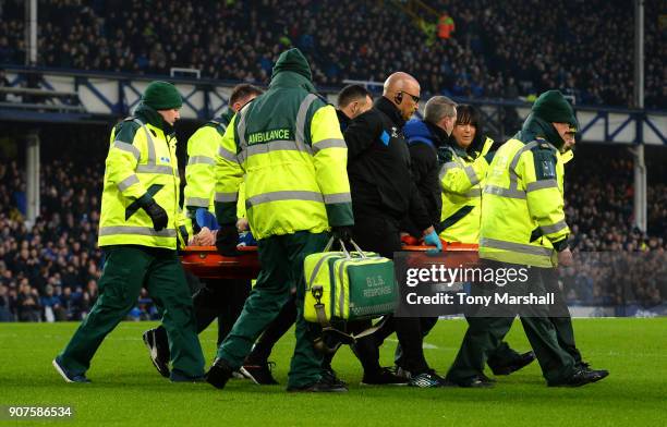 James McCarthy of Everton is taken off on a stretcher during the Premier League match between Everton and West Bromwich Albion at Goodison Park on...