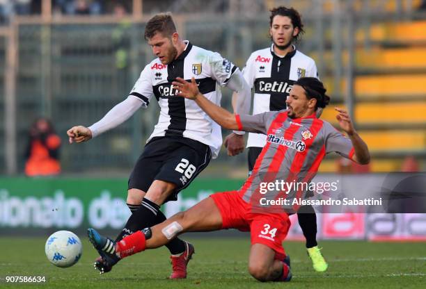 Riccardo Gagliolo of Parma Calcio competes for the ball whit Mariano Arini of US Cremonese during the serie B match between US Cremonese and Parma FC...