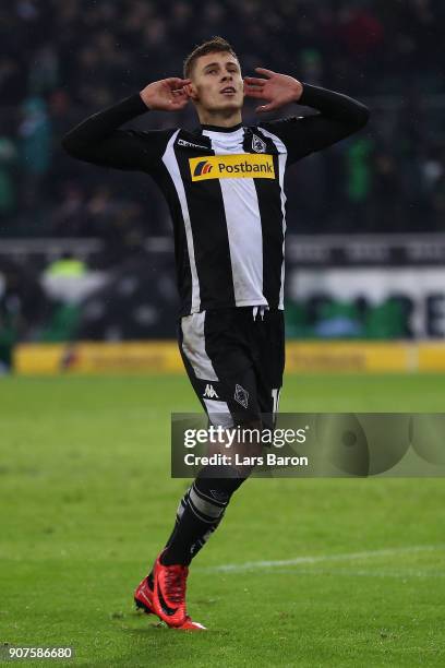 Thorgan Hazard of Moenchengladbach celebrates after he scored to make it 2:0 during the Bundesliga match between Borussia Moenchengladbach and FC...