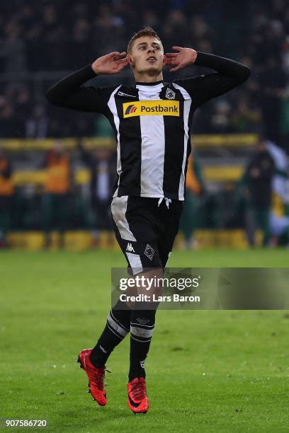 Thorgan Hazard of Moenchengladbach celebrates after he scored to make it 2:0 during the Bundesliga match between Borussia Moenchengladbach and FC...