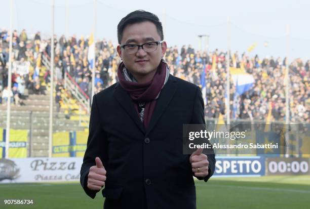 Jiang Lizhang president of Parma calcio before the serie B match between US Cremonese and Parma FC at Stadio Giovanni Zini on January 20, 2018 in...