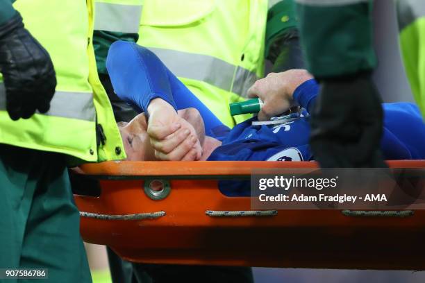 James McCarthy of Everton with a suspected broken leg during the Premier League match between Everton and West Bromwich Albion at Goodison Park on...