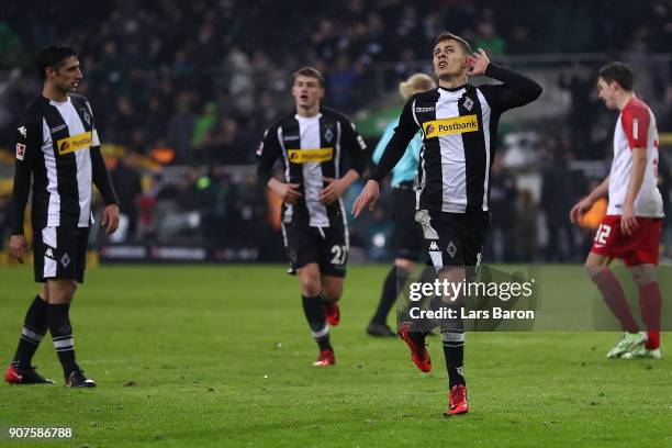 Thorgan Hazard of Moenchengladbach celebrates after he scored to make it 2:0 during the Bundesliga match between Borussia Moenchengladbach and FC...