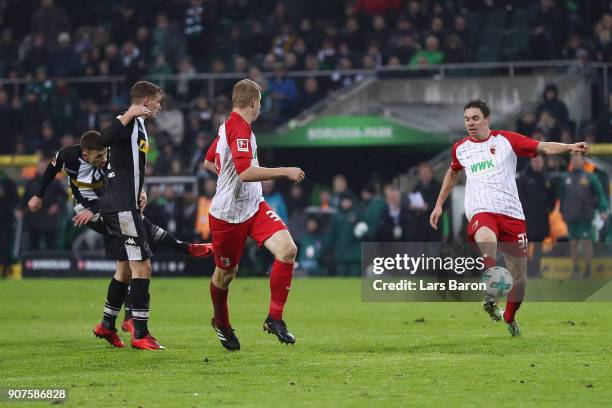 Thorgan Hazard of Moenchengladbach scores a goal to make it 2:0 during the Bundesliga match between Borussia Moenchengladbach and FC Augsburg at...