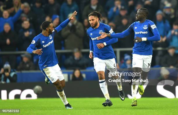 Oumar Niasse of Everton celebrates after scoring his sides first goal with his team mates during the Premier League match between Everton and West...