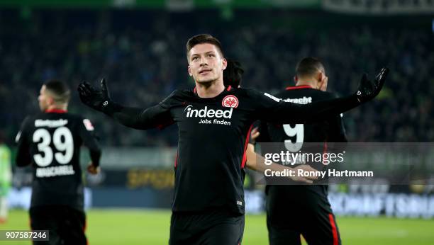 Luka Jovic of Frankfurt celebrates after scoring his team's third goal during the Bundesliga match between VfL Wolfsburg and Eintracht Frankfurt at...