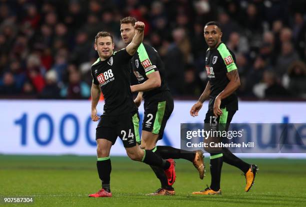 Ryan Fraser of AFC Bournemouth celebrates after scoring his sides first goal during the Premier League match between West Ham United and AFC...