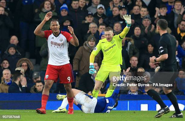 West Bromwich Albion's Salomon Rondon looks upset after his shot resulted in a bad injury for Everton's James McCarthy during the Premier League...