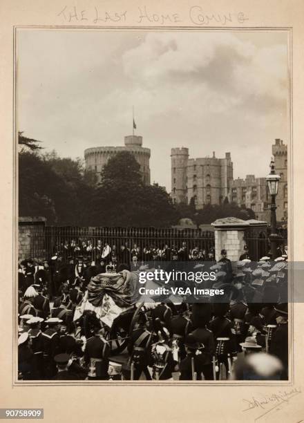 Gelatin silver print. Photograph by Horace W Nicholls of the funeral of King Edward VII at Windsor Castle. The coffin, surmounted by a crown and orb,...