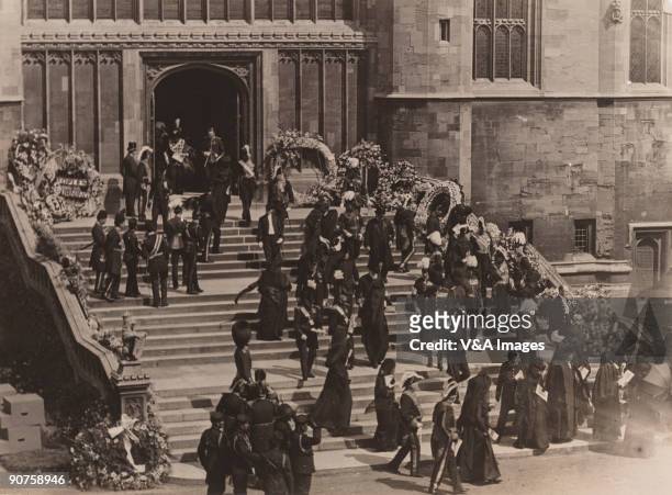 Photograph by Horace W Nicholls of mourners leaving after the funeral of King Edward VII at St George's Chapel, Windsor. "