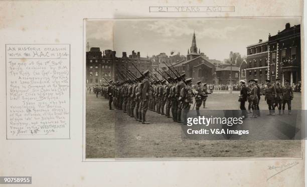 Gelatin silver print. Photograph by Horace W Nicholls, of the men of the 'Westmeath' being inspected by King George V at Armoury House in London. The...