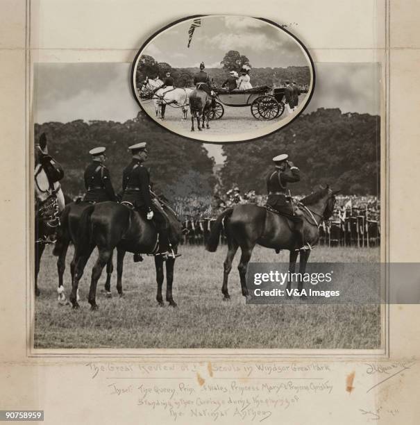 Gelatin silver print. Photograph by Horace W Nicholls, showing King George V , saluting. Queen Mary, the Prince of Wales, Princess Mary and Princess...