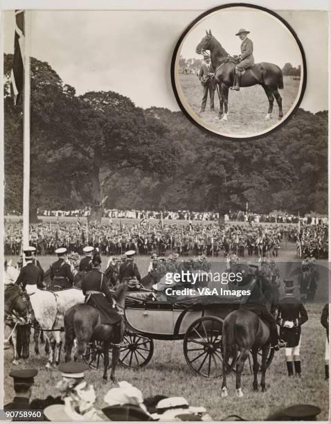 Gelatin silver print. Photograph by Horace W Nicholls of the first Boy Scout rally. King George V is mounted, with Queen Mary, the Prince of Wales,...