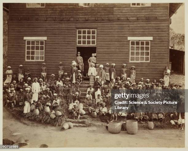 Albumen print by Skeen & Co in what is now Sri Lanka, of a group of men, women and children working as tea-pickers. The Europeans in charge stand in...