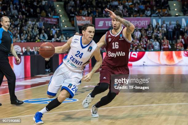 Kyle Kuric of St. Petersburg and Stefan Jovic of Muenchen battle for the ball during the EuroCup Top 16 Round 3 match between FC Bayern Munich and...
