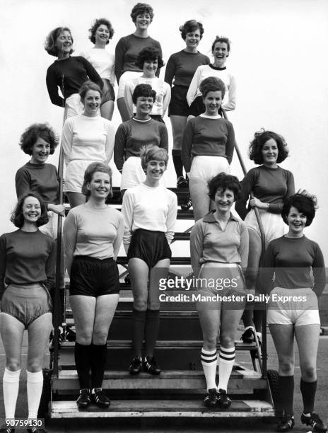 Female cabin crew from British European Airways wearing football gear: Wendy Spalding, Ilene Williams, Sonia Ejje, Irene Garbutt, Dorothy Wilkinson,...