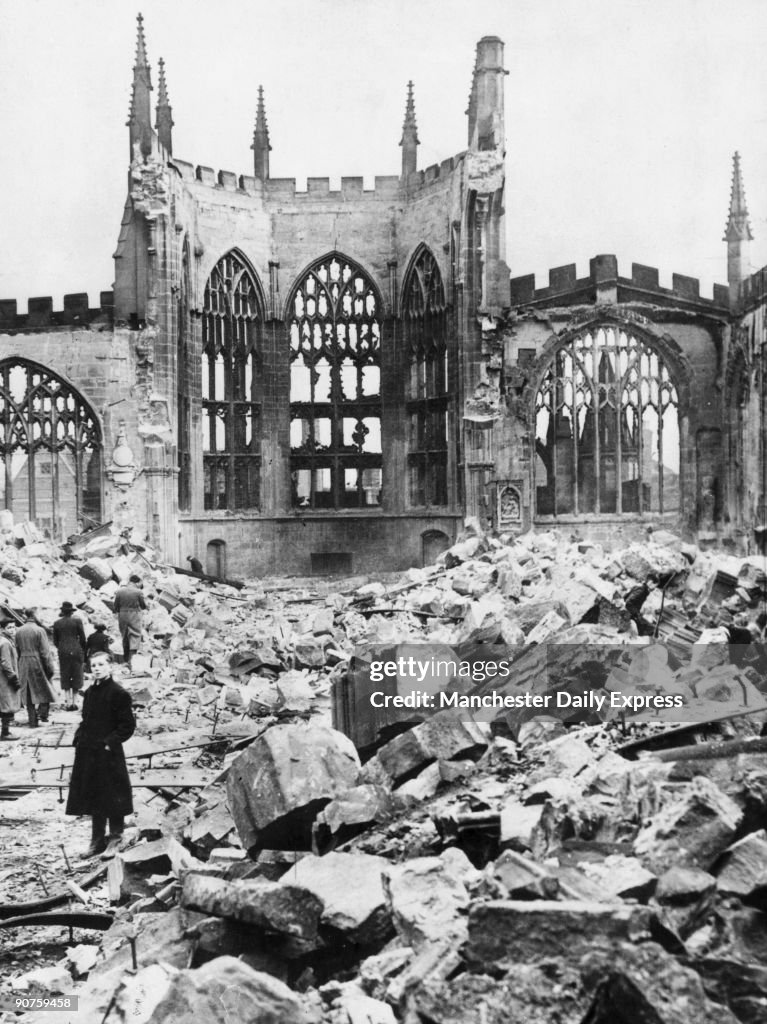 Ruins of Coventry Cathedral, World War Two, November 1940.