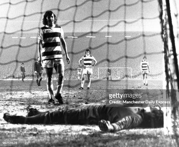 Stan Bowles of QPR and England team mate Ray Clemence the Liverpool keeper share a joke after an incredible save by Clemence - but the laugh was on...