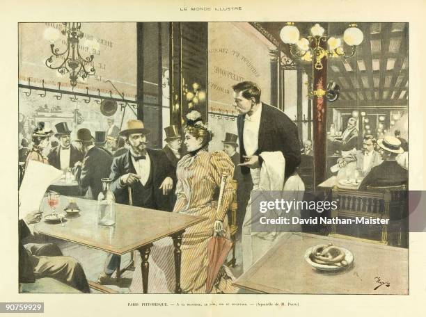 �Picturesque Paris - at the brasserie, in the evening, on the boulevard�. A typical absinthe-era bistro scene. Watercolour by M Parys from �Le Monde...