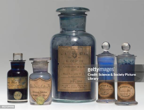 Five jars containing blue synthetic colorants. Ketone Blue B manufactured by Farbwerke vormals Meister, Lucius & Brüning of Höchst-am-Main, Germany;...