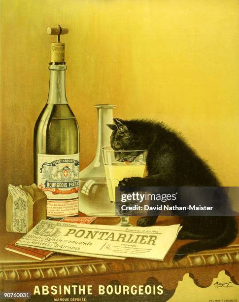 This charming design for Absinthe Bourgeois by Mourgue Brothers shows an absinthe-loving black cat enjoying a glass of the company's product....