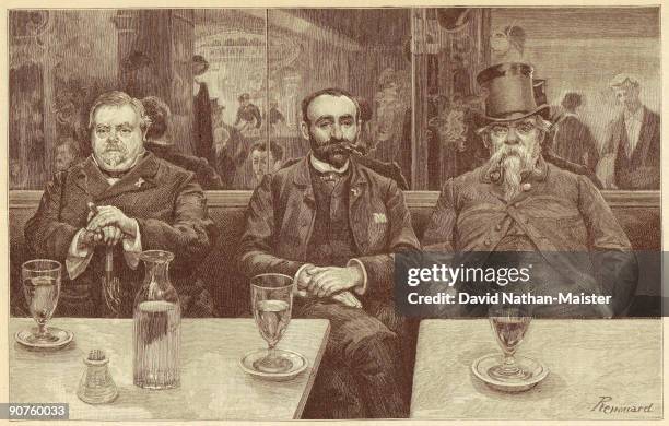 Men with their glasses of absinthe, by Renouard. Harpers Monthly of 1889 described the Absinthe Professors �who sit at the little marble tables,...