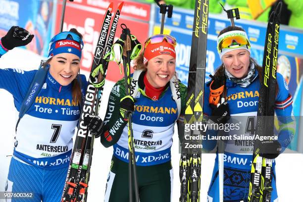 Laura Dahlmeier of Germany takes 1st place, Dorothea Wierer of Italy takes 2nd place, Darya Domracheva of Belarus takes 3rd place during the IBU...