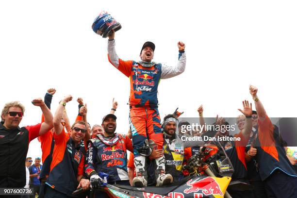 Matthias Walkner of Austria and Red Bull KTM celebrates victory at the end of stage fourteen of the 2018 Dakar Rally, a loop stage to and from...