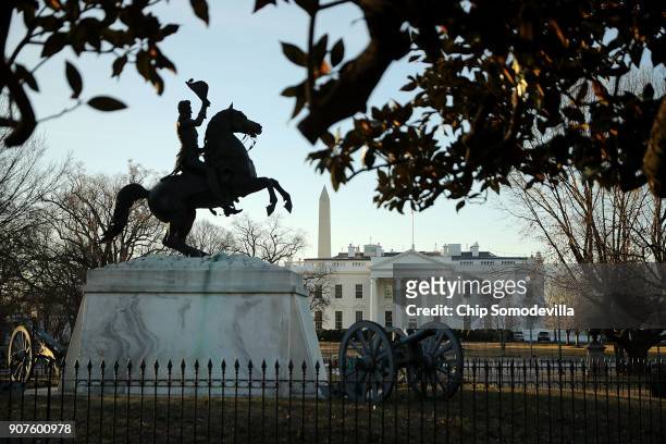 Statue of Andrew Jackson at the Battle of New Orleans occupies the center of Lafayette Square on the north side of the White House January 20, 2018...