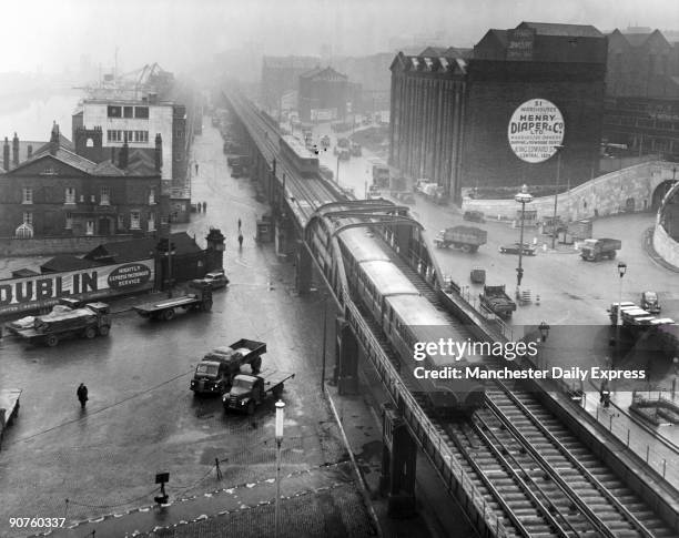 View from the Royal Liver Building looking towards the north end of town. The LOR was the first elevated electric railway in the world, and one of...