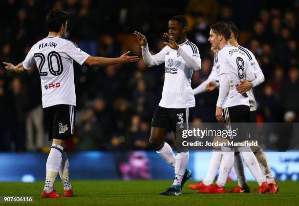 Ryan Sessegnon of Fulham celebrates with his teammates after scoring his sides fourth goal during the Sky Bet Championship match between Fulham and...