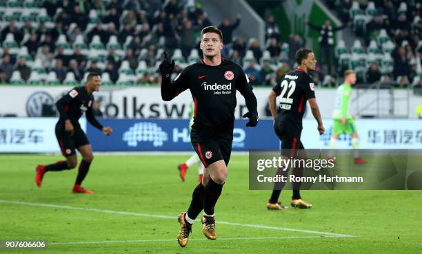 Luka Jovic of Frankfurt celebrates after scoring his team's third goal during the Bundesliga match between VfL Wolfsburg and Eintracht Frankfurt at...