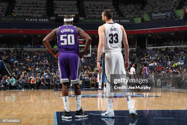 Zach Randolph of the Sacramento Kings and Marc Gasol of the Memphis Grizzlies stand on the court during the game on January 19, 2018 at FedExForum in...