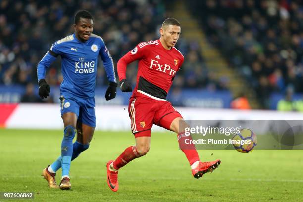 Daniel Amartey of Leicester City in action with Richarlison of Watford during the Premier League match between Leicester City and Watford at The King...