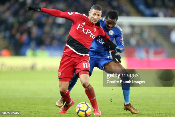 Daniel Amartey of Leicester City in action with Richarlison of Watford during the Premier League match between Leicester City and Watford at The King...