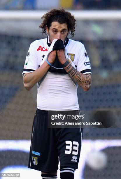 Jacopo Dezi of Parma Calcio reacts during the serie B match between US Cremonese and Parma FC at Stadio Giovanni Zini on January 20, 2018 in Cremona,...