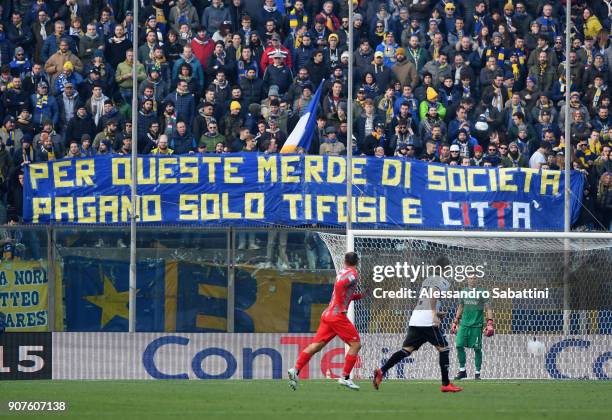 Fans of Parma Calcio during the serie B match between US Cremonese and Parma FC at Stadio Giovanni Zini on January 20, 2018 in Cremona, Italy.