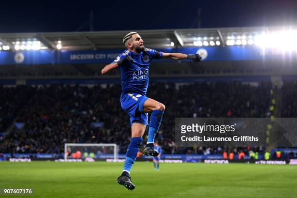 Riyad Mahrez of Leicester City celebrates after scoring his sides second goal during the Premier League match between Leicester City and Watford at...