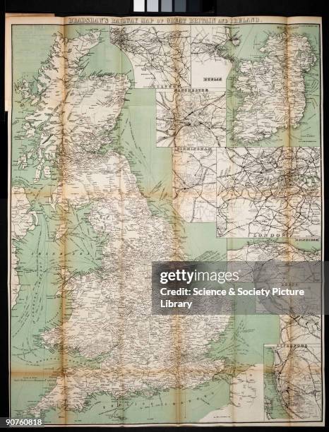 Bradshaw map showing the passenger and freight railway networks at the beginning of the 20th century. English cartographer, printer and publisher...