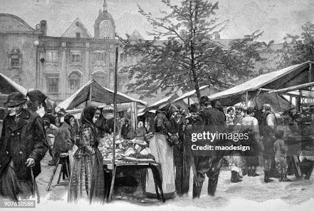 scene from the city market where you can buy the necessary things for your home - 1896 - selling books stock illustrations