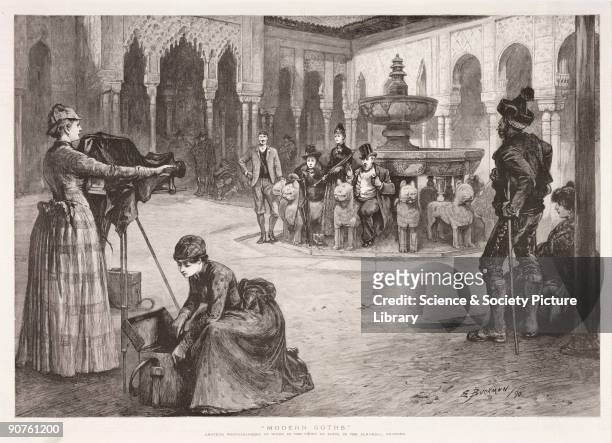 An engraving of a drawing by Buckman from 'The Graphic' magazine, 1 November showing two women amateur photographers taking a photograph in a...