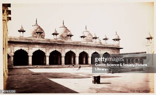 Photograph of the exterior of the Moti Masjid at Agra Fort, India, taken by Samuel Bourne. The Moti Masjid was built between 1646 and 1653 in the...